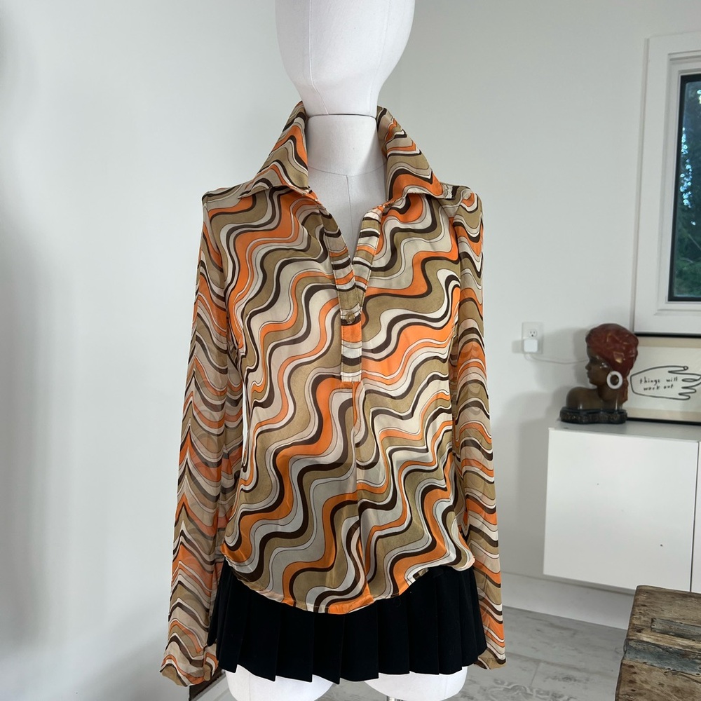 XOXO Y2K Orange and Brown Wave‎ Pattern Sheer Blouse size L